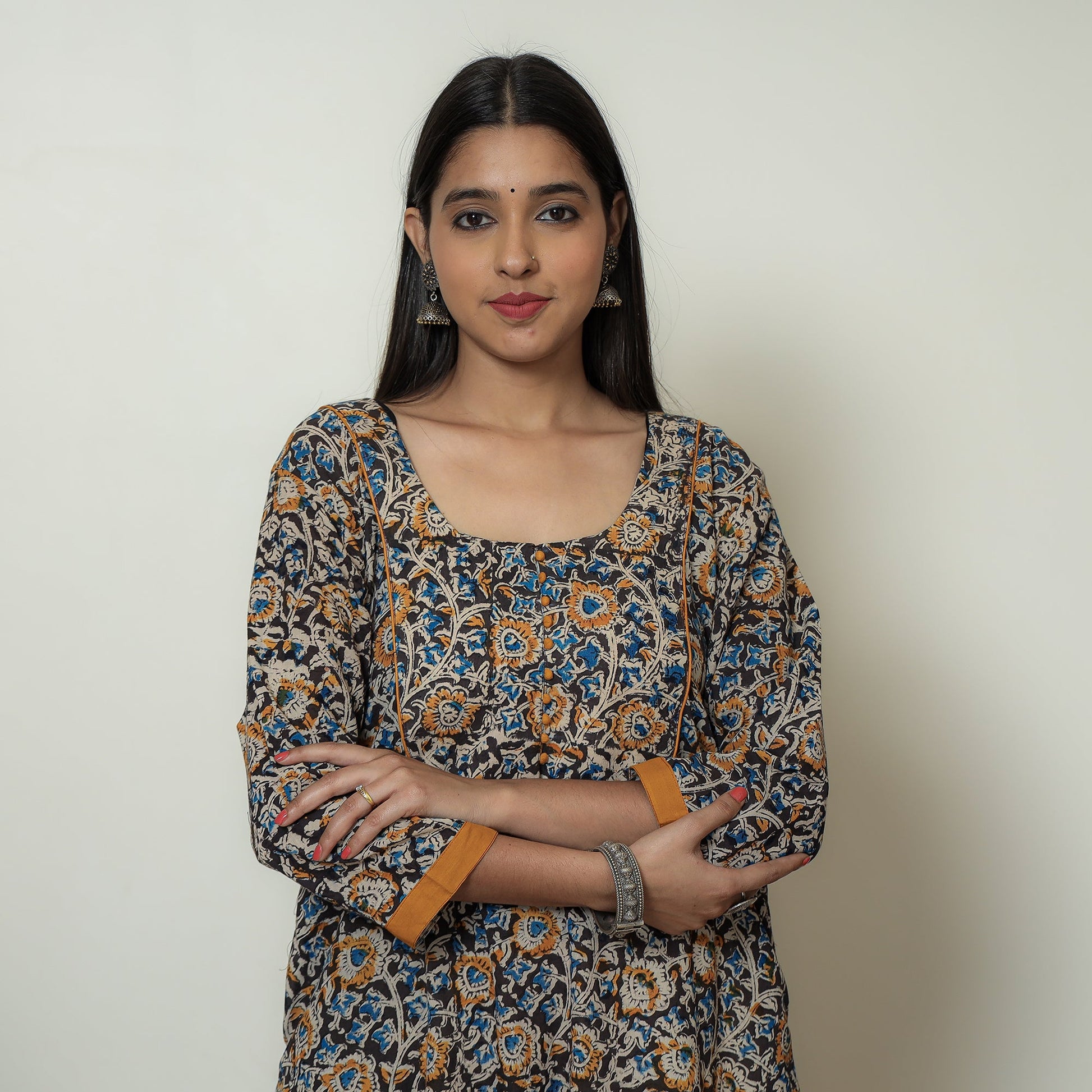 Black - Hand Block Print Cotton A-Line Kalamkari Kurta 18