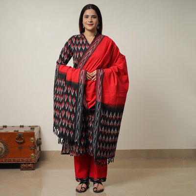 Black - Pochampally Ikat Weave Cotton Kurta with Palazzo & Dupatta Set 12