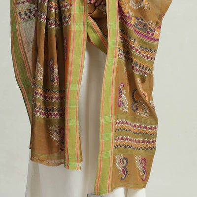 Brown - Bengal Kantha Embroidery Cotton Handloom Dupatta 120
