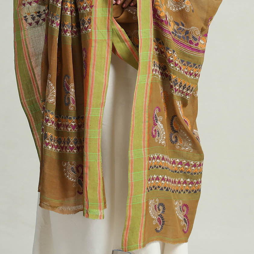 Brown - Bengal Kantha Embroidery Cotton Handloom Dupatta 120