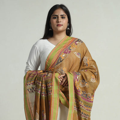 Brown - Bengal Kantha Embroidery Cotton Handloom Dupatta 120