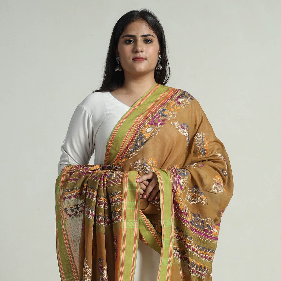 Brown - Bengal Kantha Embroidery Cotton Handloom Dupatta 120