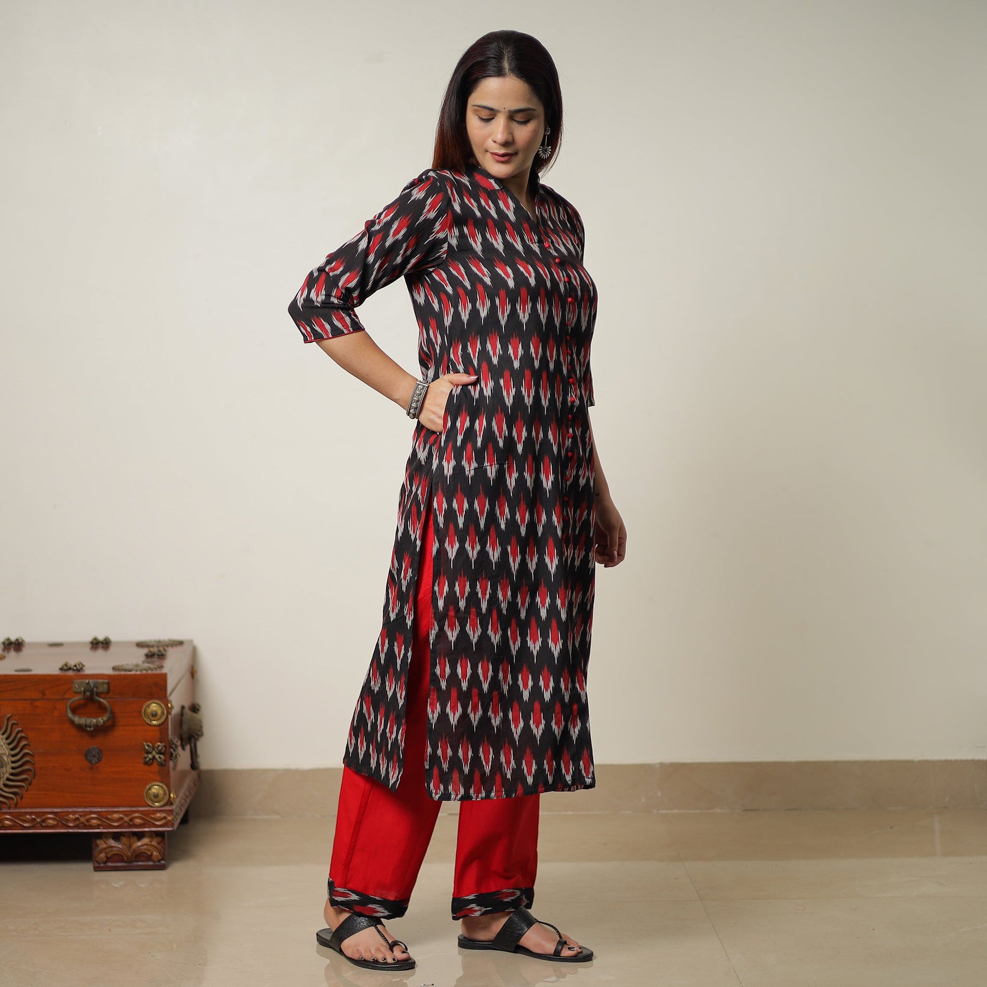 Black - Pochampally Ikat Weave Cotton Kurta with Palazzo & Dupatta Set 12