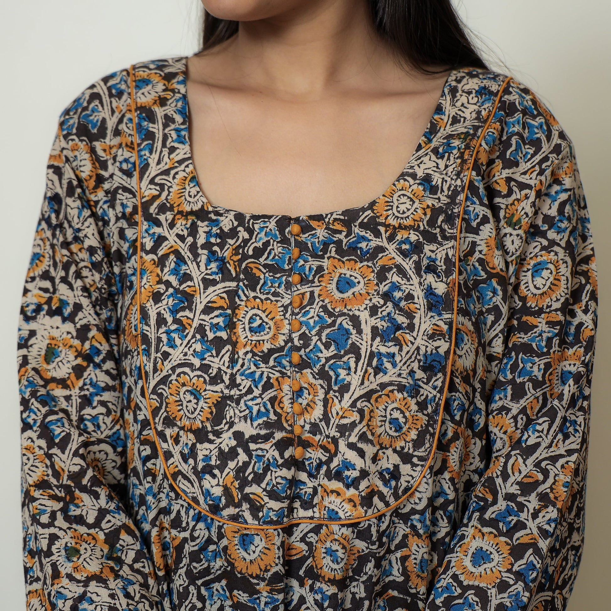Black - Hand Block Print Cotton A-Line Kalamkari Kurta 18