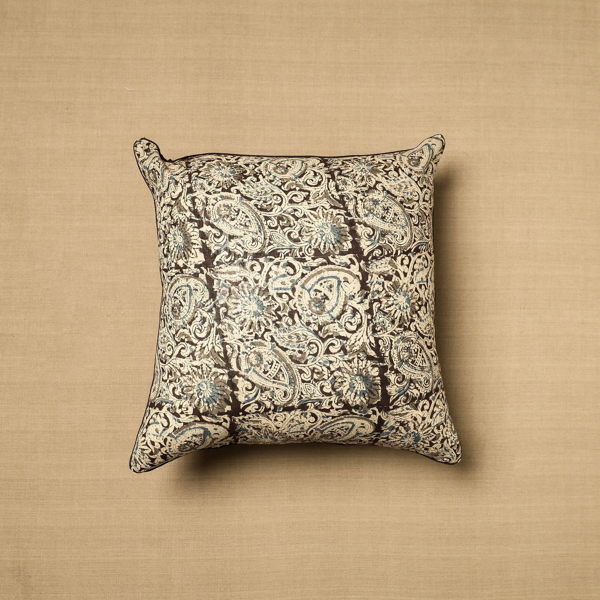 Beige - Block Print Cotton Kalamkari Cushion Cover (16 x 16 in) 13