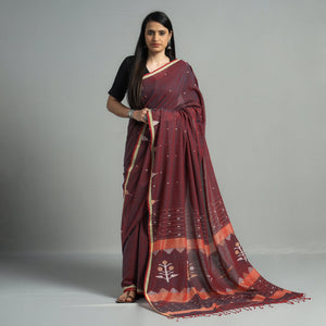 Brown - Handloom Cotton Phulia Jamdani Saree with Tassels