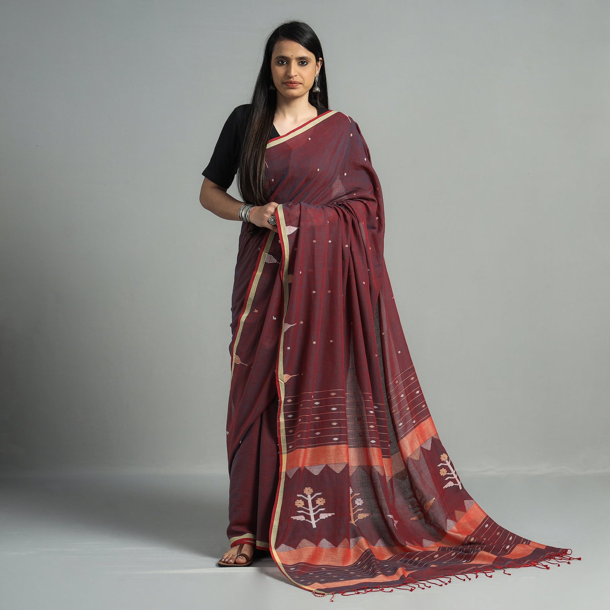 Brown - Handloom Cotton Phulia Jamdani Saree with Tassels