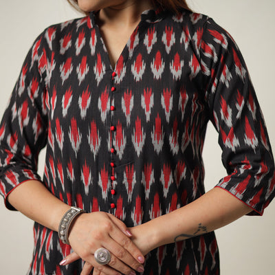 Black - Pochampally Ikat Weave Cotton Kurta with Palazzo & Dupatta Set 12
