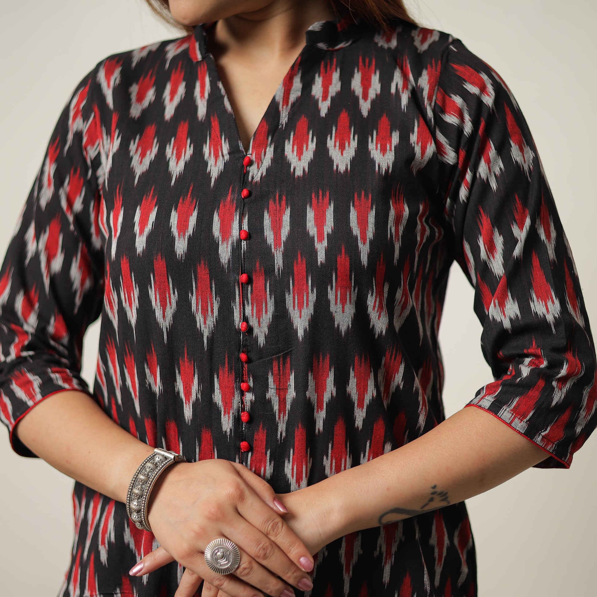 Black - Pochampally Ikat Weave Cotton Kurta with Palazzo & Dupatta Set 12