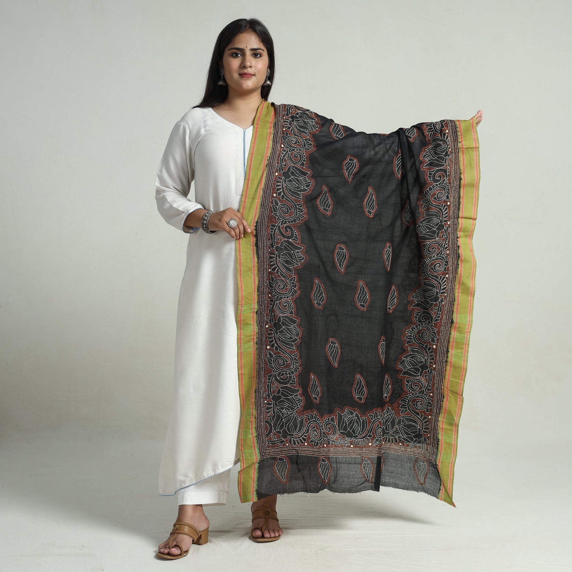 Black - Bengal Kantha Embroidery Cotton Handloom Dupatta 121