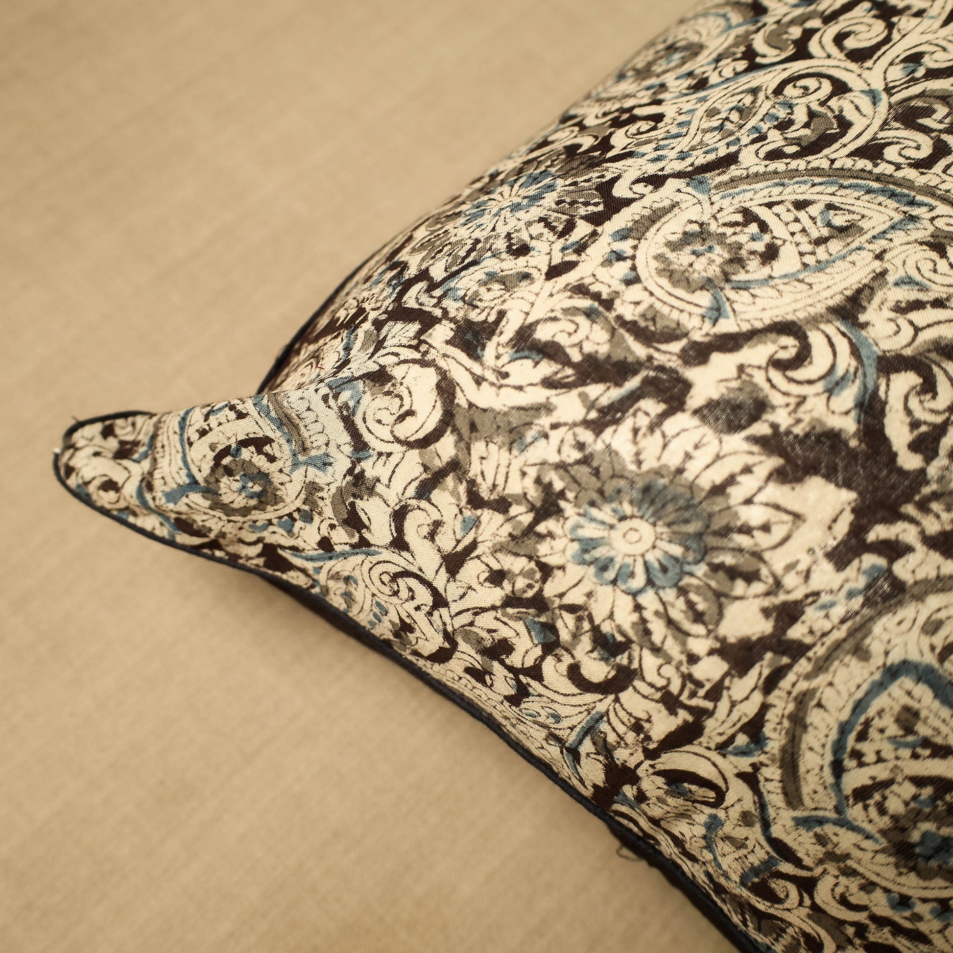 Beige - Block Print Cotton Kalamkari Cushion Cover (16 x 16 in) 13