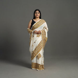 Brown - Barmer Applique Work Chanderi Silk Saree with Tassels