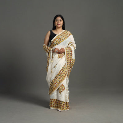 Brown - Barmer Applique Work Chanderi Silk Saree with Tassels