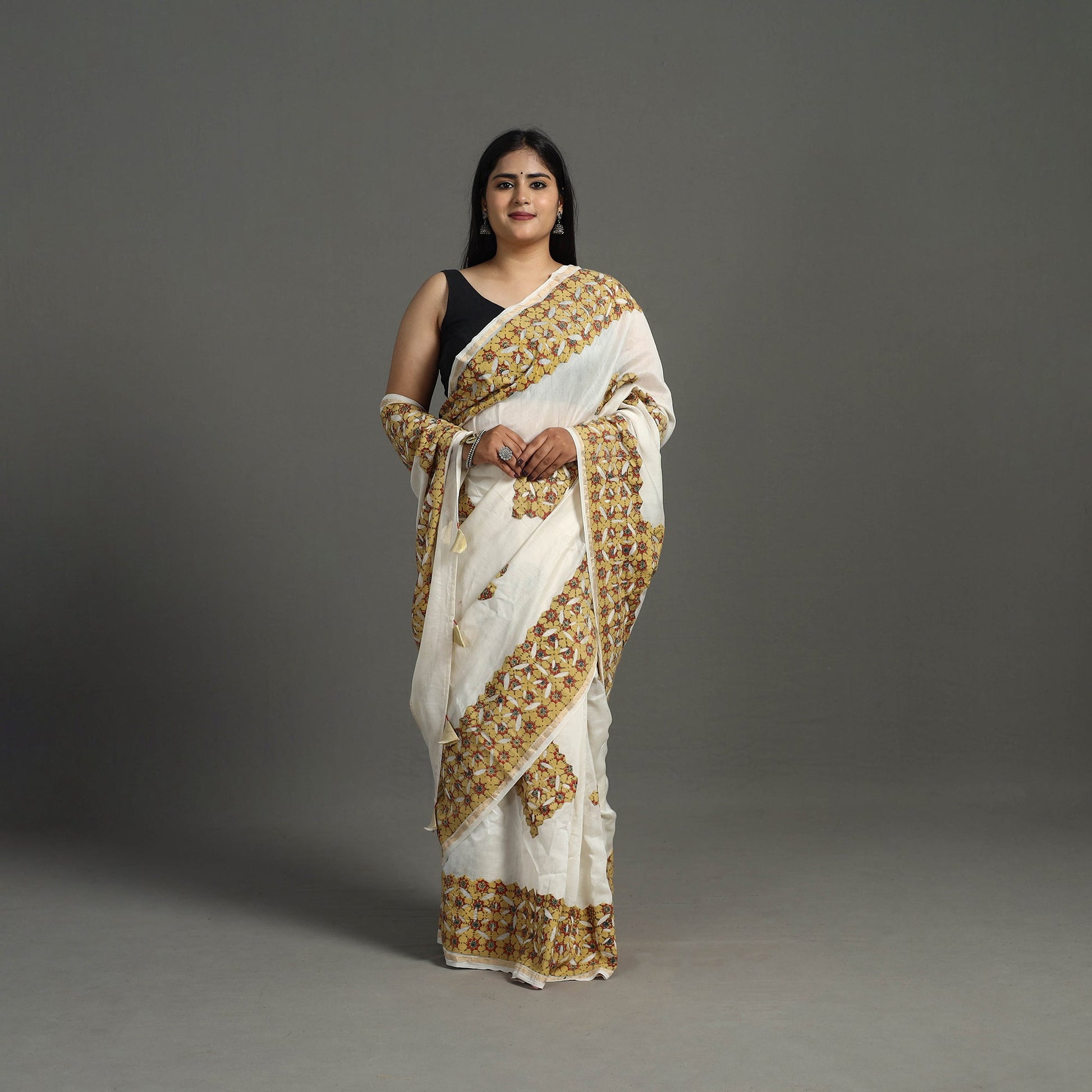 Brown - Barmer Applique Work Chanderi Silk Saree with Tassels