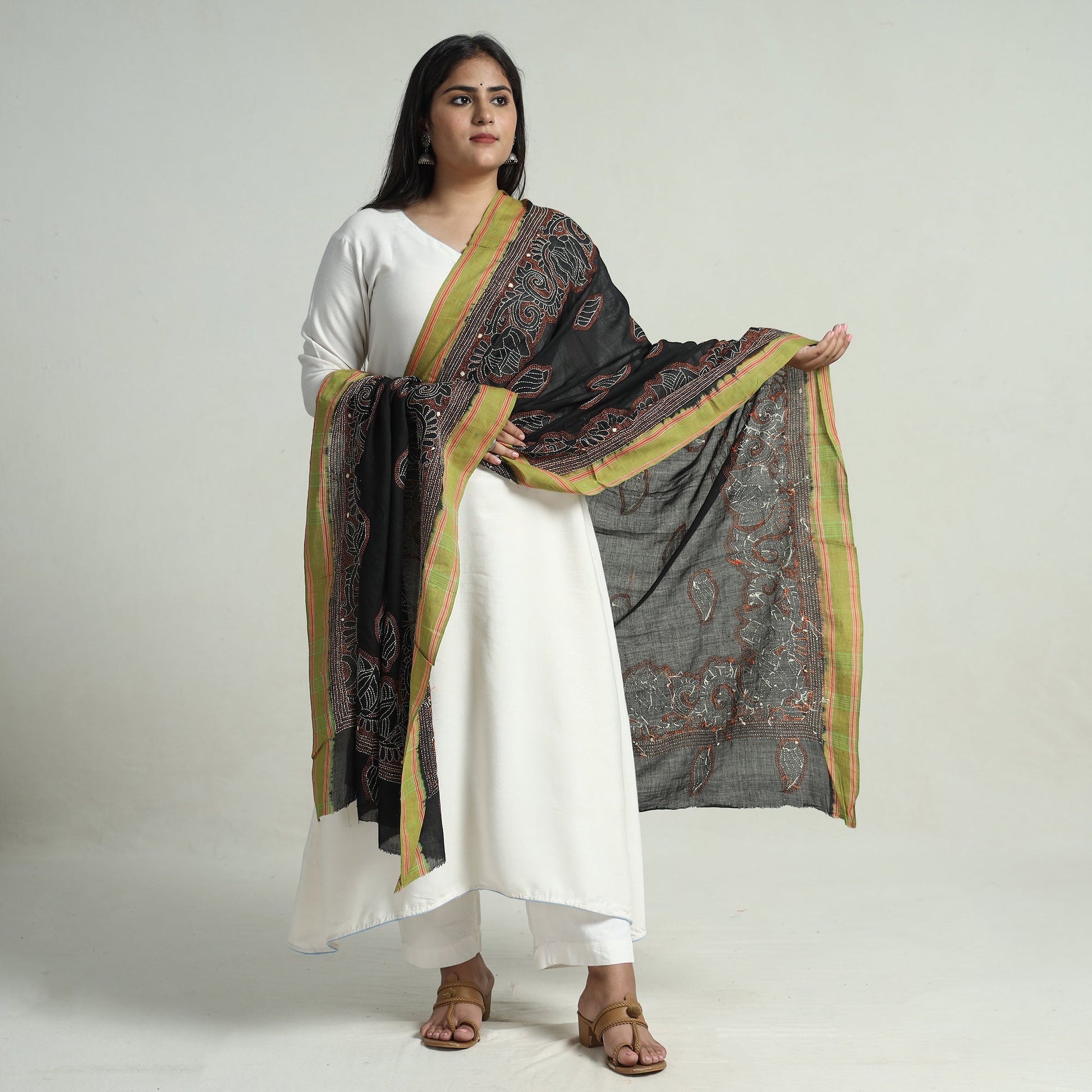 Black - Bengal Kantha Embroidery Cotton Handloom Dupatta 121