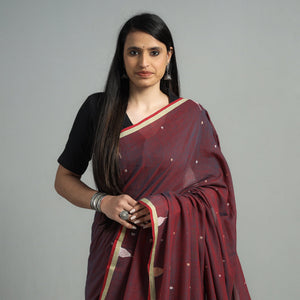 Brown - Handloom Cotton Phulia Jamdani Saree with Tassels