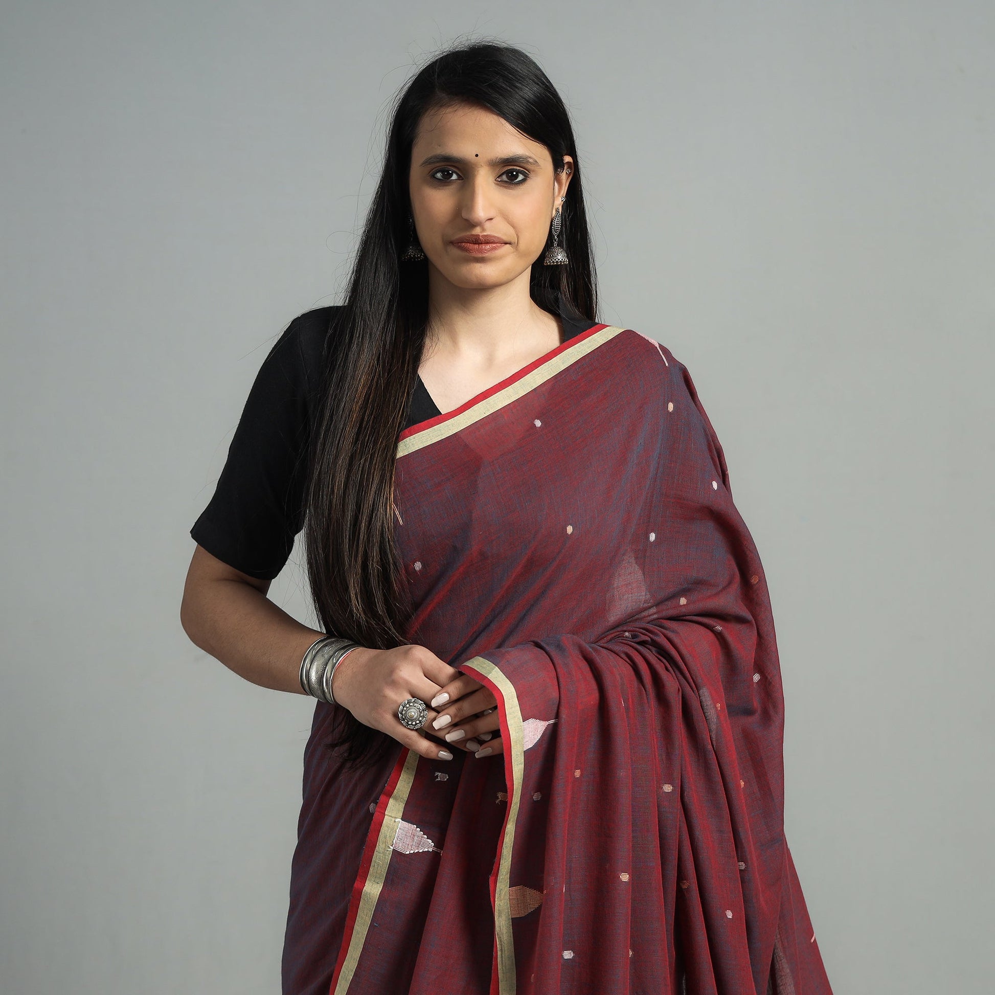 Brown - Handloom Cotton Phulia Jamdani Saree with Tassels