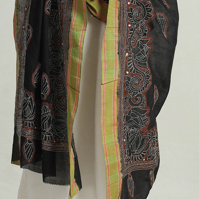 Black - Bengal Kantha Embroidery Cotton Handloom Dupatta 121