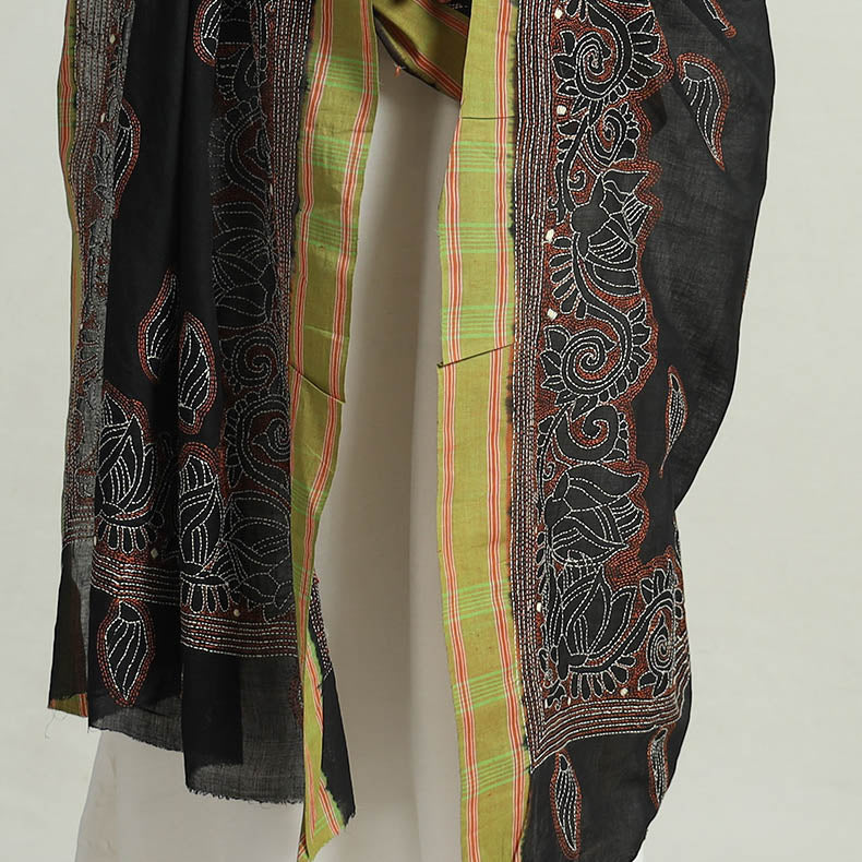 Black - Bengal Kantha Embroidery Cotton Handloom Dupatta 121