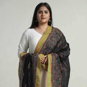 Black - Bengal Kantha Embroidery Cotton Handloom Dupatta 121