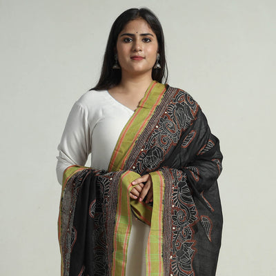 Black - Bengal Kantha Embroidery Cotton Handloom Dupatta 121