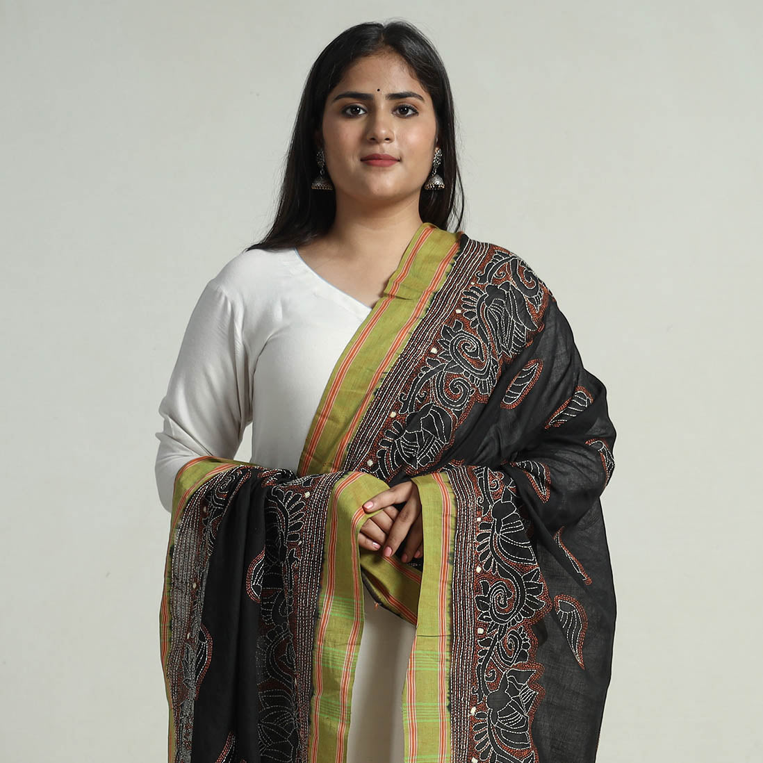 Black - Bengal Kantha Embroidery Cotton Handloom Dupatta 121