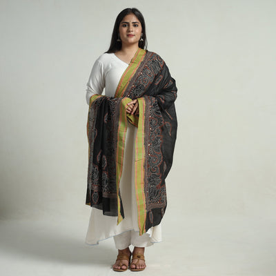 Black - Bengal Kantha Embroidery Cotton Handloom Dupatta 121