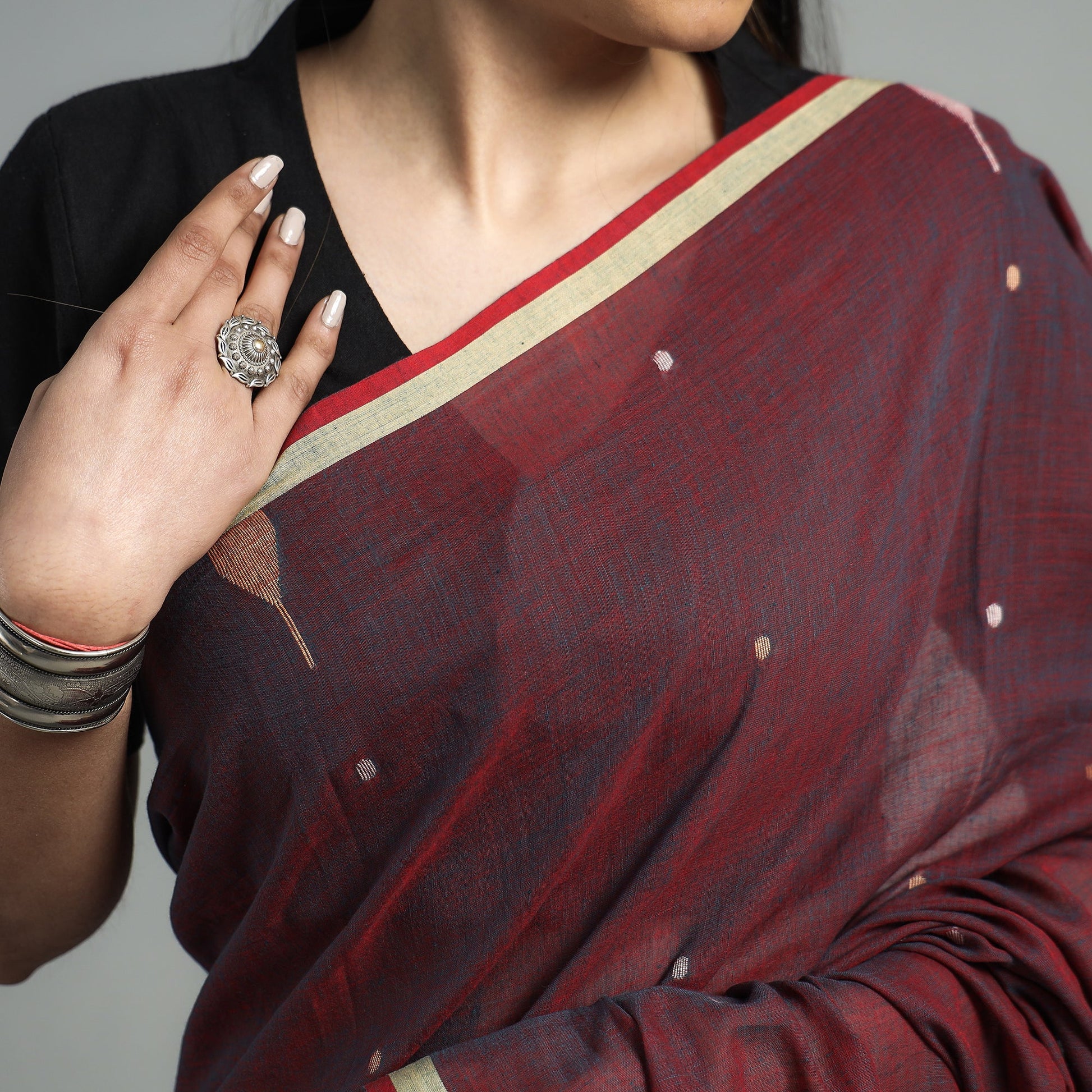 Brown - Handloom Cotton Phulia Jamdani Saree with Tassels