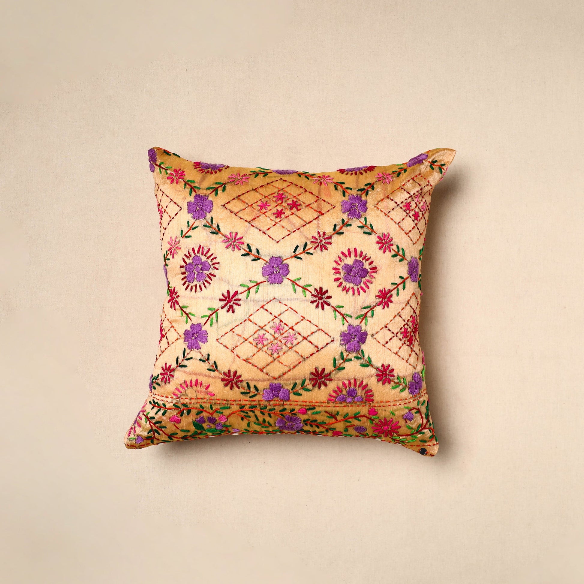 Beige  - Chinon Phulkari Embroidered Cushion Cover 07