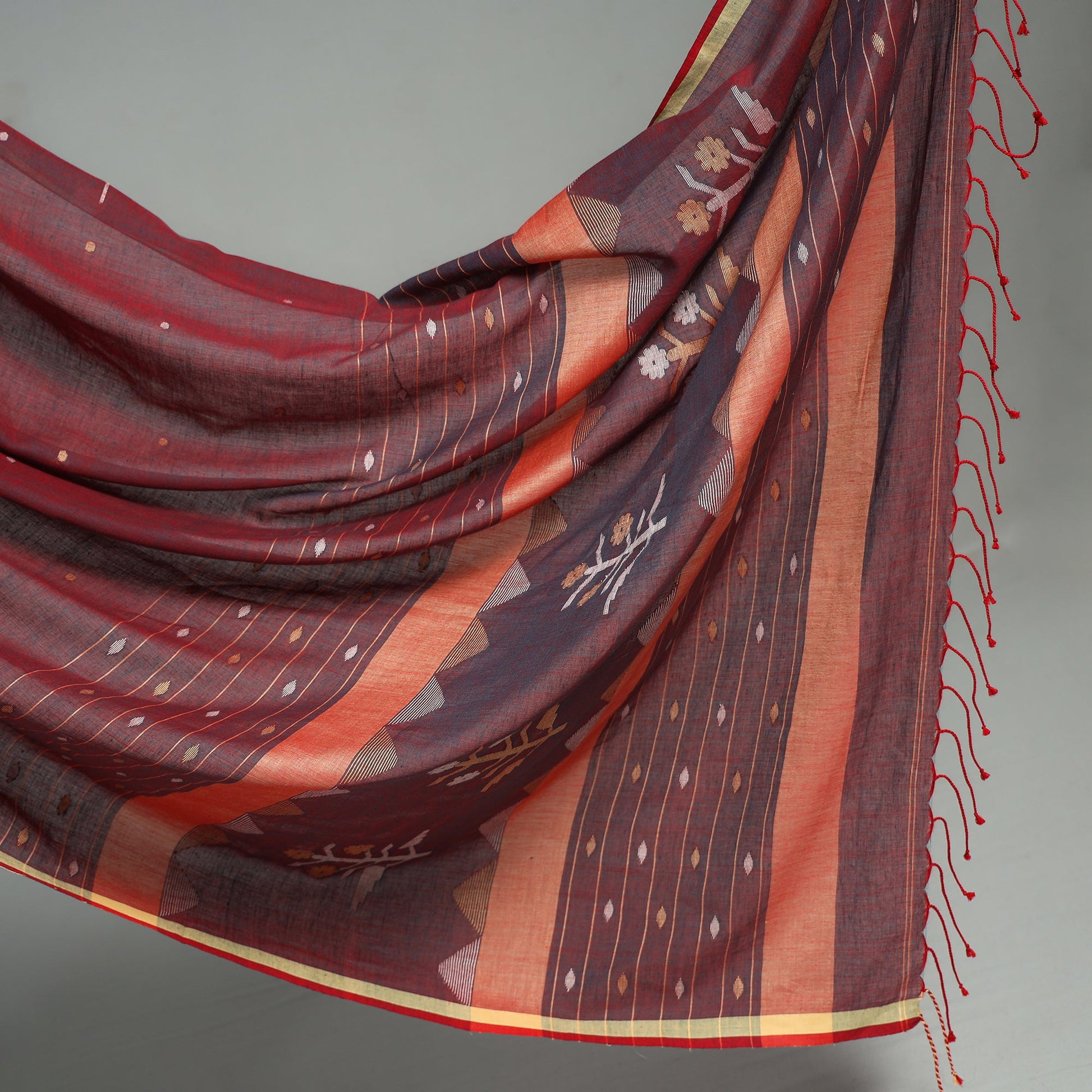 Brown - Handloom Cotton Phulia Jamdani Saree with Tassels