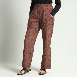 Brown - Ajrakh Block Printed Cotton Elasticated Palazzo
