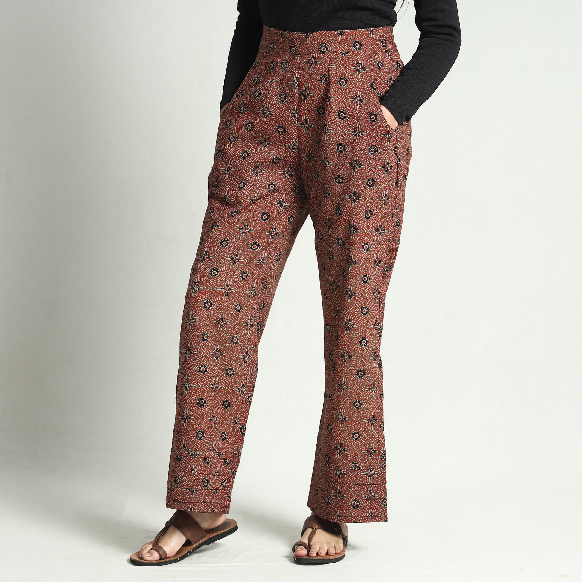 Brown - Ajrakh Block Printed Cotton Elasticated Palazzo