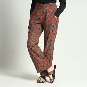 Brown - Ajrakh Block Printed Cotton Elasticated Palazzo