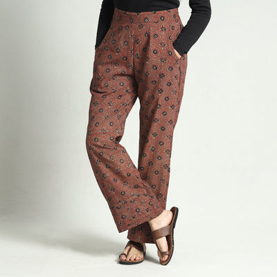 Brown - Ajrakh Block Printed Cotton Elasticated Palazzo