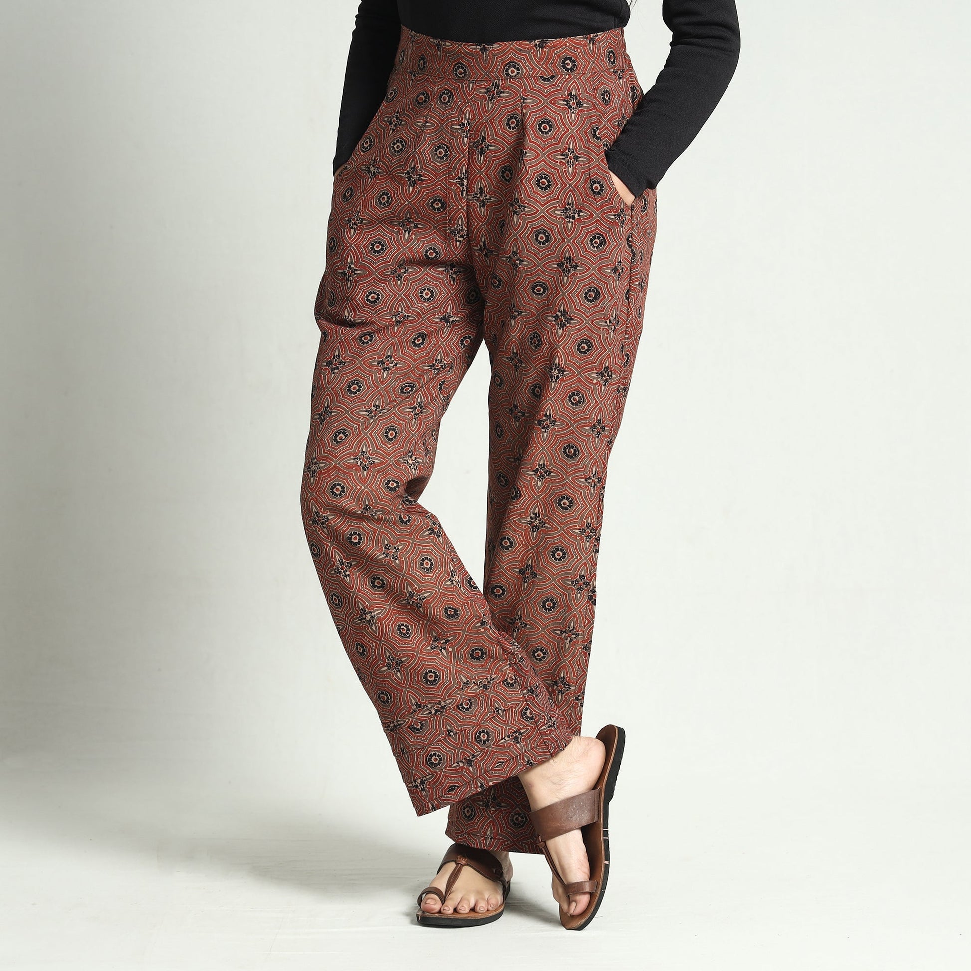 Brown - Ajrakh Block Printed Cotton Elasticated Palazzo