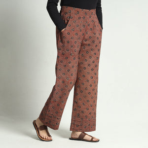 Brown - Ajrakh Block Printed Cotton Elasticated Palazzo