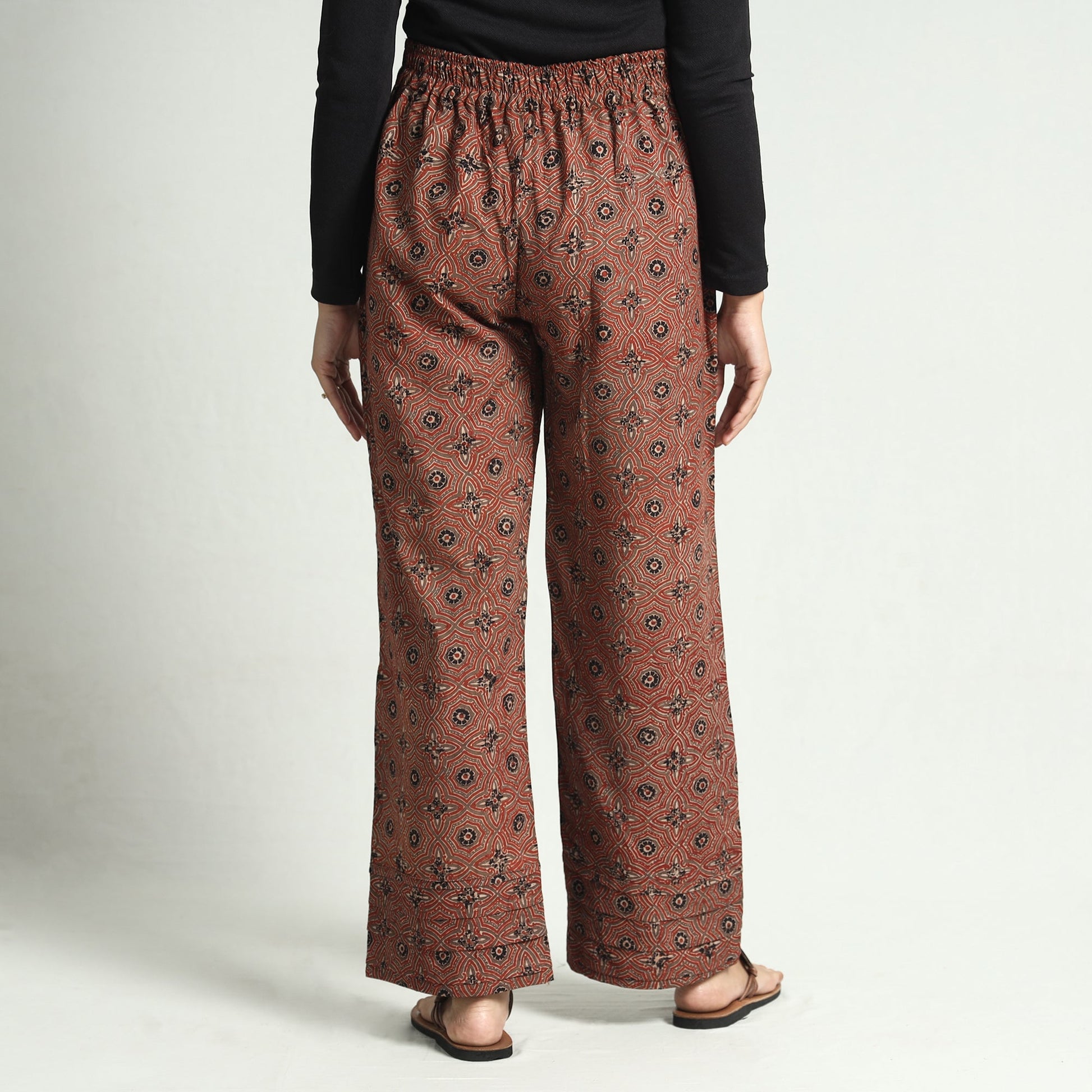 Brown - Ajrakh Block Printed Cotton Elasticated Palazzo