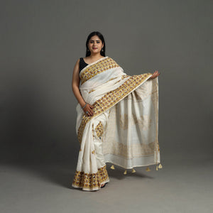 Brown - Barmer Applique Work Chanderi Silk Saree with Tassels