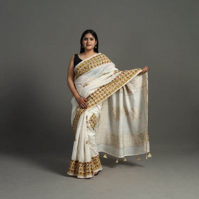 Brown - Barmer Applique Work Chanderi Silk Saree with Tassels