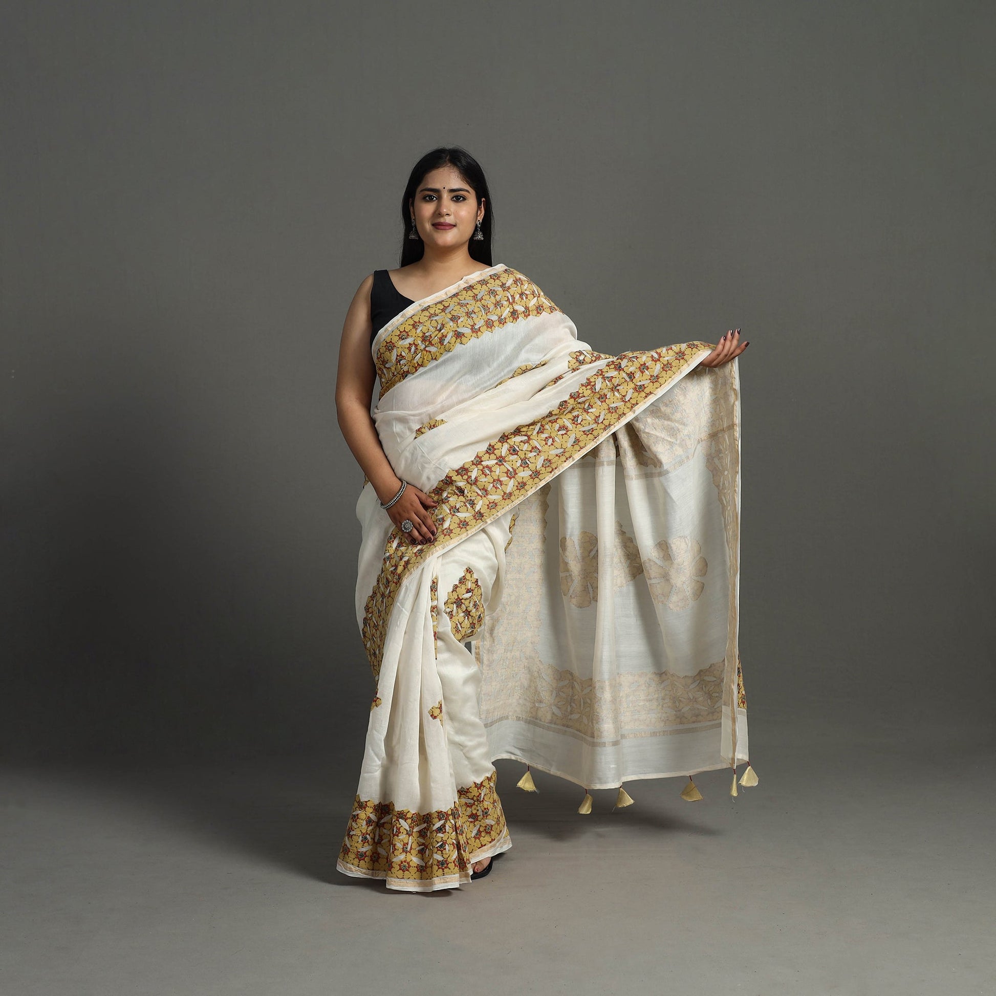 Brown - Barmer Applique Work Chanderi Silk Saree with Tassels