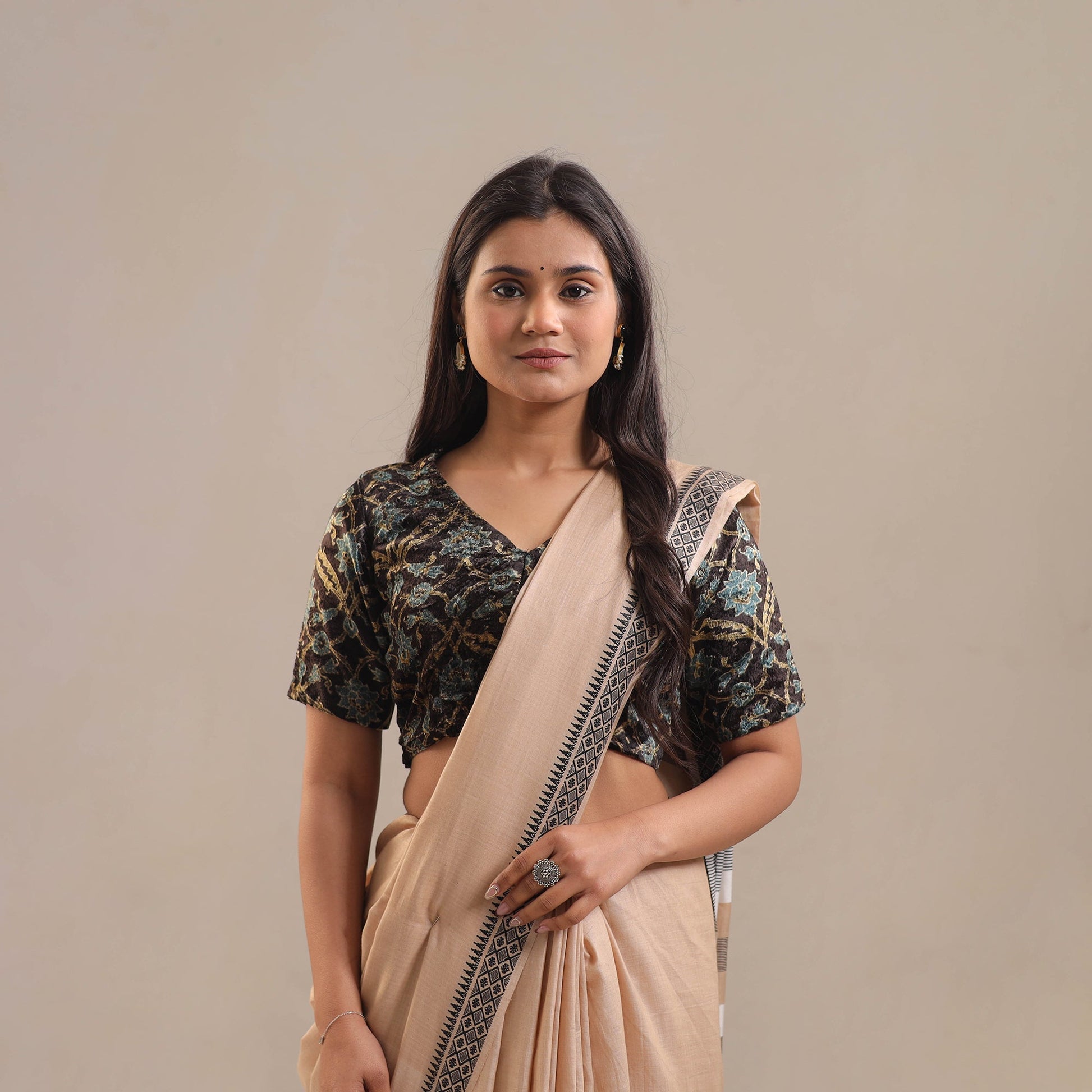 Black - Velvet Natural Dyed Ajrakh Print Blouse 03