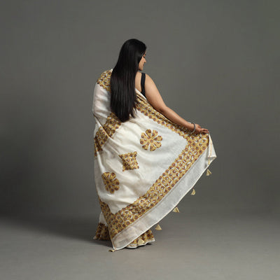 Brown - Barmer Applique Work Chanderi Silk Saree with Tassels