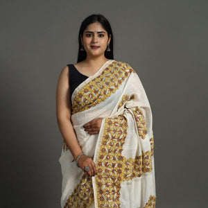 Brown - Barmer Applique Work Chanderi Silk Saree with Tassels