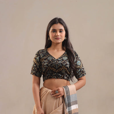 Black - Velvet Natural Dyed Ajrakh Print Blouse 03