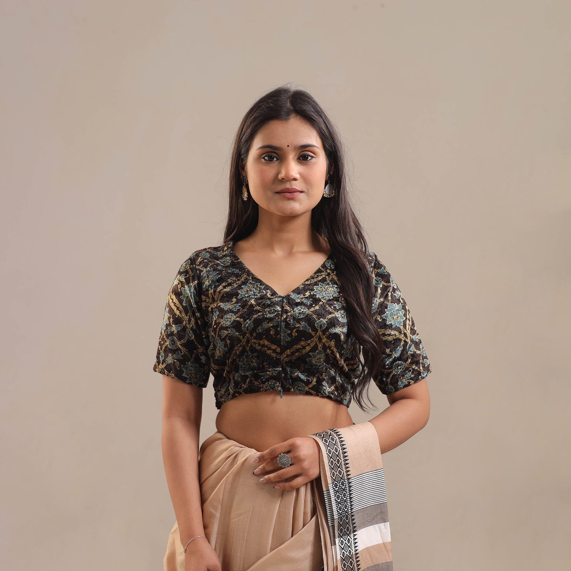 Black - Velvet Natural Dyed Ajrakh Print Blouse 03