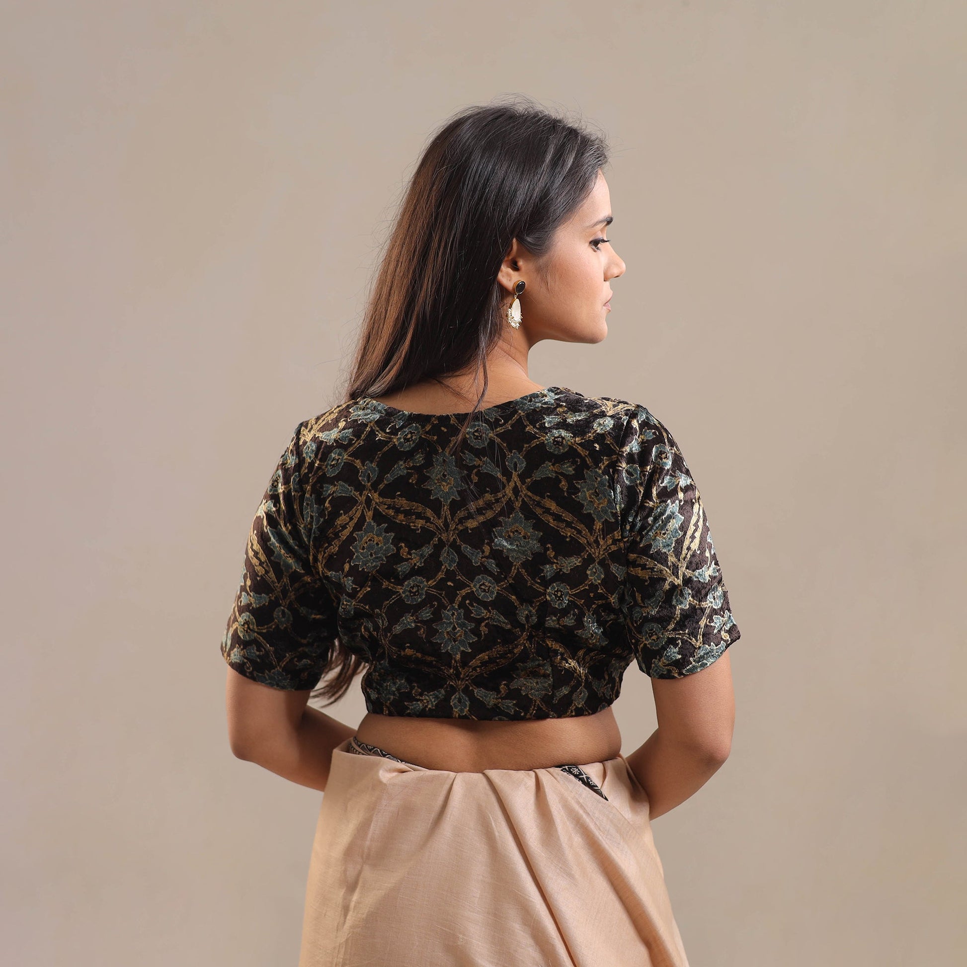 Black - Velvet Natural Dyed Ajrakh Print Blouse 03