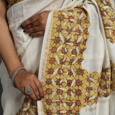 Brown - Barmer Applique Work Chanderi Silk Saree with Tassels