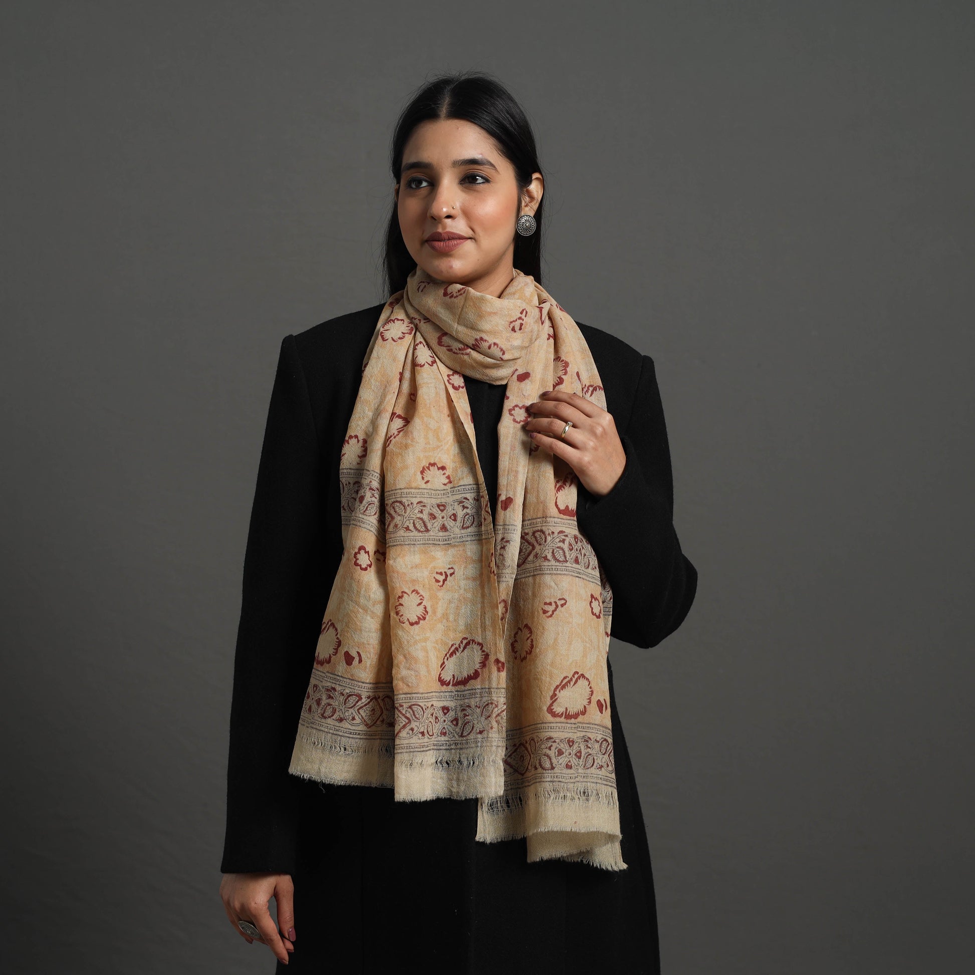 Beige - Block Print Pedana Kalamkari Wool Stole 24