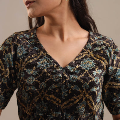 Black - Velvet Natural Dyed Ajrakh Print Blouse 03