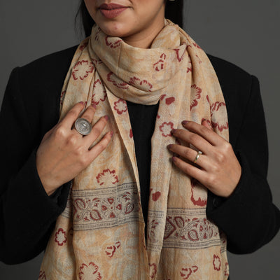 Beige - Block Print Pedana Kalamkari Wool Stole 24